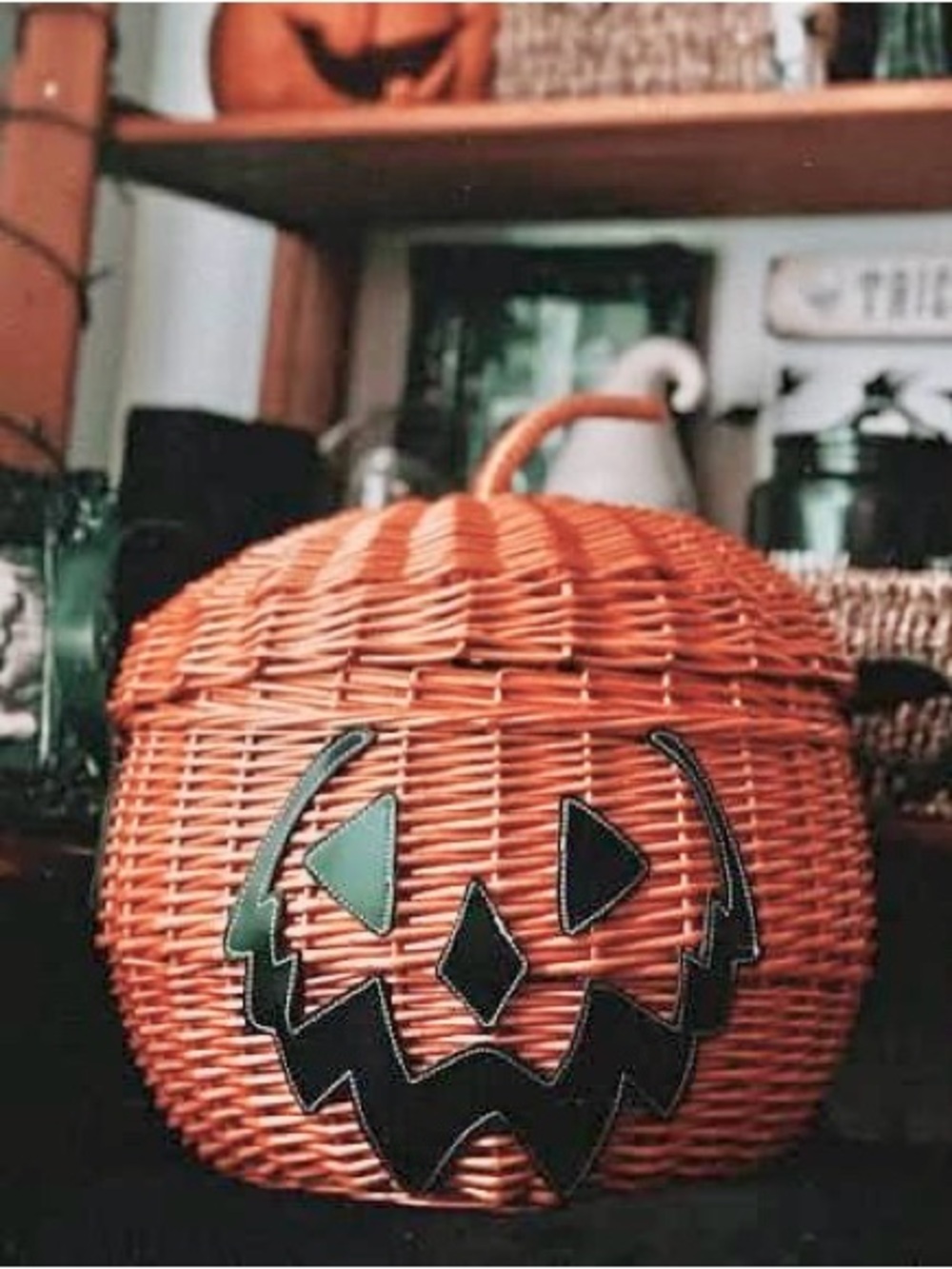 🎃 Jack-o-Lantern Woven Wicker Picnic Basket Pumpkin Halloween Fall - Picture 2 of 11